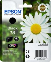 Epson T1801 Black 5,2ml Epson XP-30 Epson XP-102 Epson XP-202 Epson XP-205 Epson XP-302 Epson XP-305 Epson XP-402 Epson XP-405 Eredeti kellékanyag Termékkód: C13T18014012