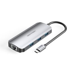 Vention USB-C -> HDMI/USB 3.0x3/RJ45/PD (0,15m Szürke Aluminum Ötvözet), Dokkoló TOHHB