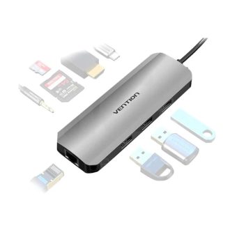   Vention USB-C -> HDMI/USB3.0x3/RJ45/SD/TF/TRRS 3.5mm/PD (0,15m Szürke Aluminum Ötvözet), Dokkoló (RR)