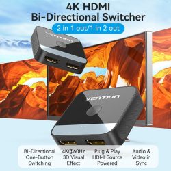 Vention HDMI (2 Portos,kétirányú, 4K,60Hz, fekete), switcher