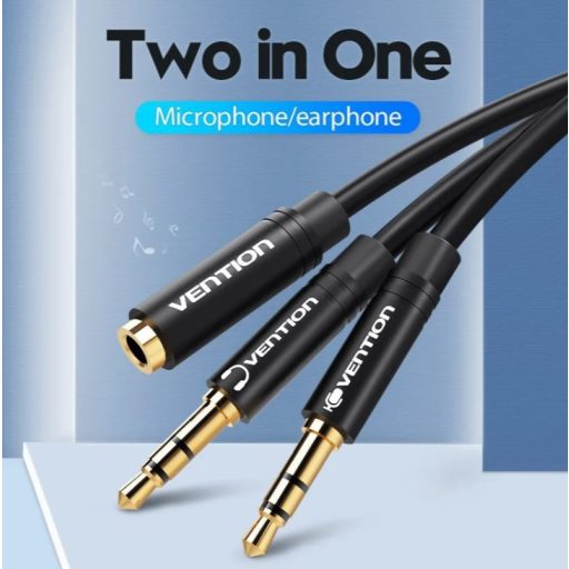 Vention 2*3.5mm jack/M -> 3.5mm jack/F, (ABS, audio, fekete), 0,3m, kábel