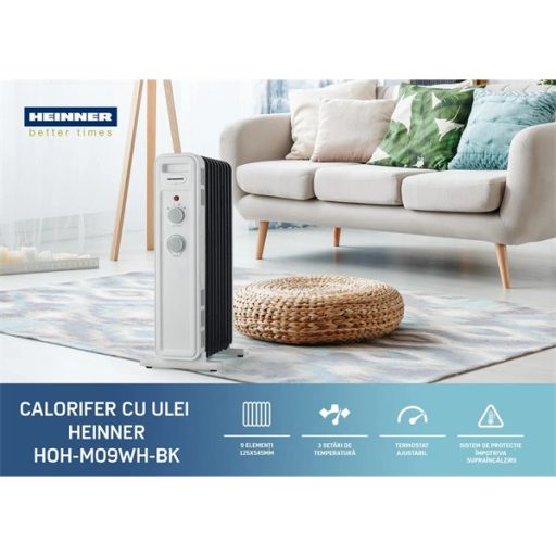 HEINNER HOH-M09WH-BK 9 tagos olajradiátor, állítható termosztát, 2200W, Fehér