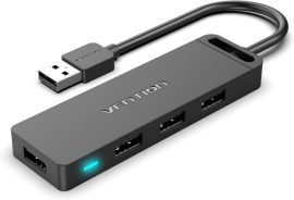 Vention USB 2.0  (táppal, 4-Portos, fekete), 0,5m, Hub