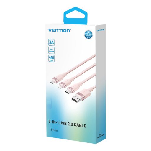 Vention USB-A 2.0/M -> USB-C/Lightning/Micro USB-B, 1,5m,(pink,3A,3in1), kábel