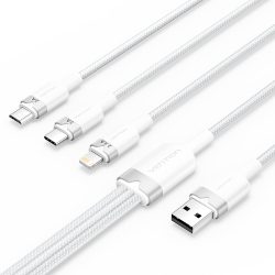 Vention USB-A 2.0/M -> USB-C/Lightning/Micro USB-B, 1,5m,(fehér,3A,3in1), kábel
