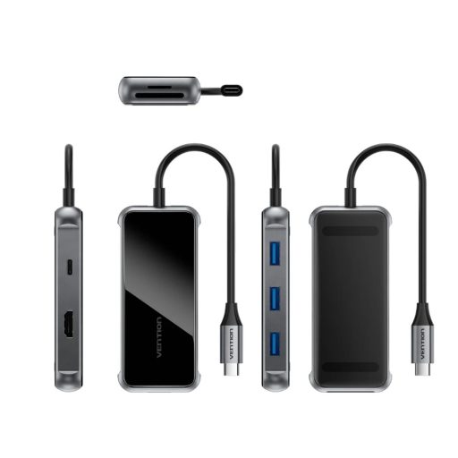 Vention USB-C -> HDMI/USB 3.0x3/SD/TF/PD (0,15m, szürke, tükrös felületű), Dokkoló