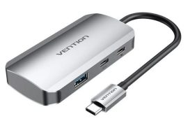 Vention USB-C -> USB3.0x4/PD  (0,15m Szürke Aluminum Ötvözet), Hub