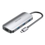   Vention USB-C -> HDMI/USB 3.0x3/PD (0,15m Szürke Aluminum Ötvözet), Dokkoló