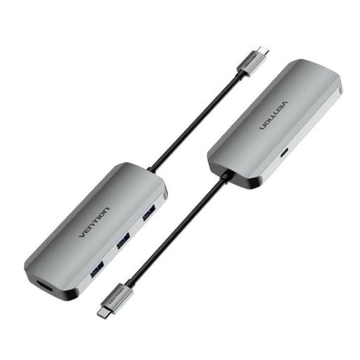 Vention USB-C -> HDMI/USB 3.0x3/PD (0,15m Szürke Aluminum Ötvözet), Dokkoló