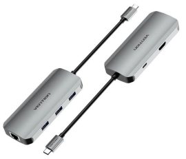 Vention USB-C -> HDMI/USB 3.0x3/RJ45/PD (0,15m Szürke Aluminum Ötvözet), Dokkoló