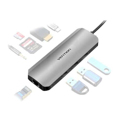 Vention USB-C -> HDMI/USB3.0x3/RJ45/SD/TF/PD (0,15m Szürke Aluminum Ötvözet), Dokkoló