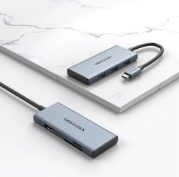 Vention USB-C -> HDMI/USB 3.0x3/SD/TF (0,15m Szürke Aluminum Ötvözet), Dokkoló